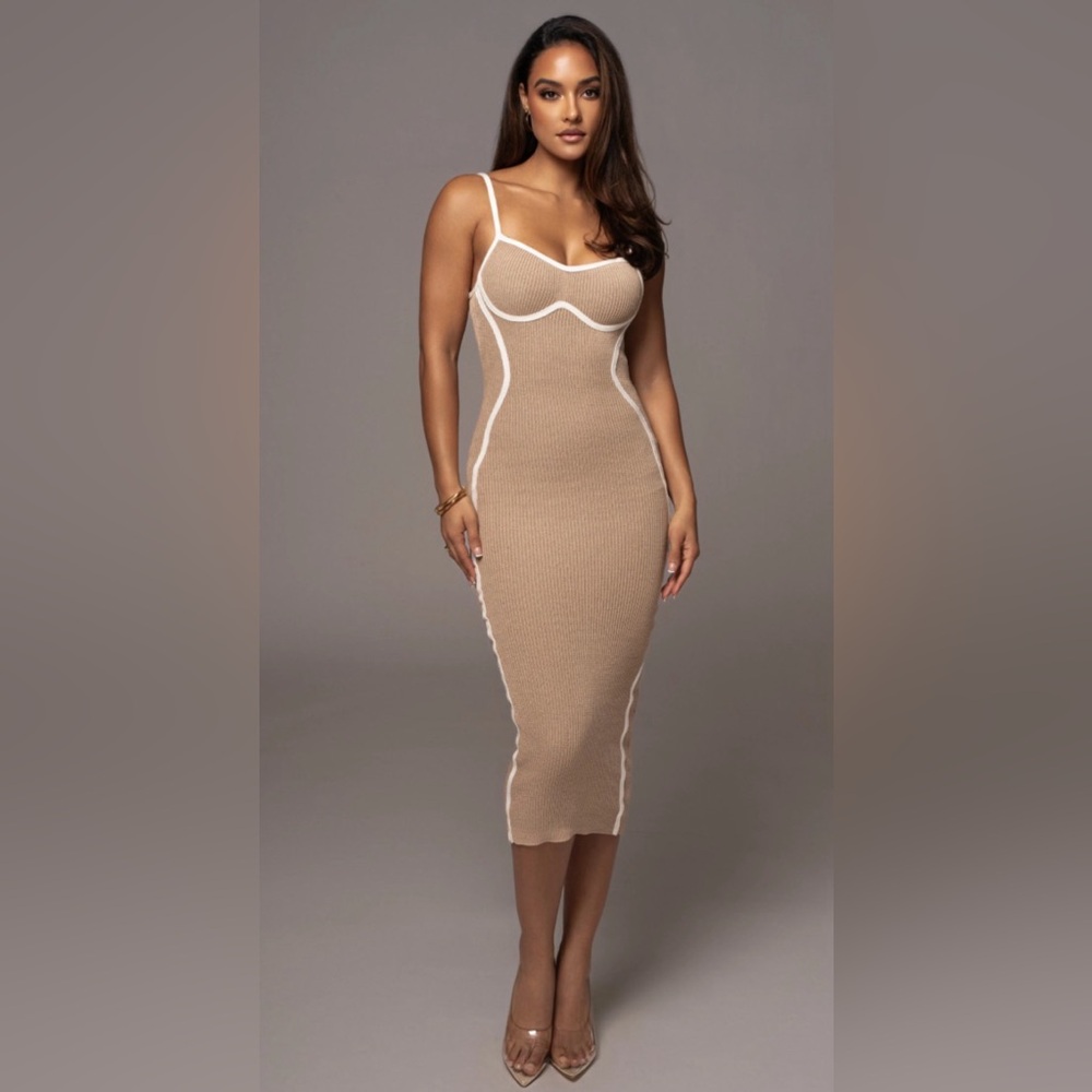 JLUXLABEL Taupe Beige Midi Bodycon Dress with White Trim